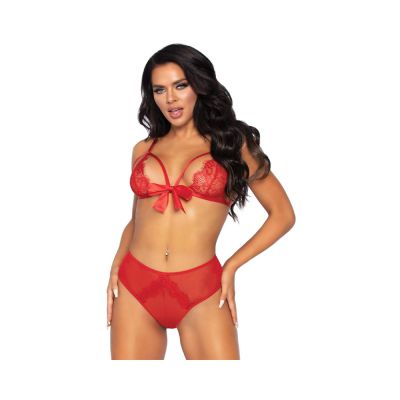 2 piece Eyelet Strappy Bralette Front Closure Ribbon Detail And Matching Peek a boo Panty Os Red