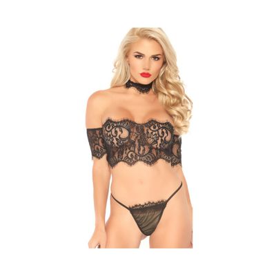 3pc Eyelash Lace Strapless Crop Top With Cuff Sleeves Choker And Matching G string Black Med lge