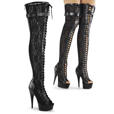 Pleaser 6 Heel Black Lace Up Peep Toe Bootie