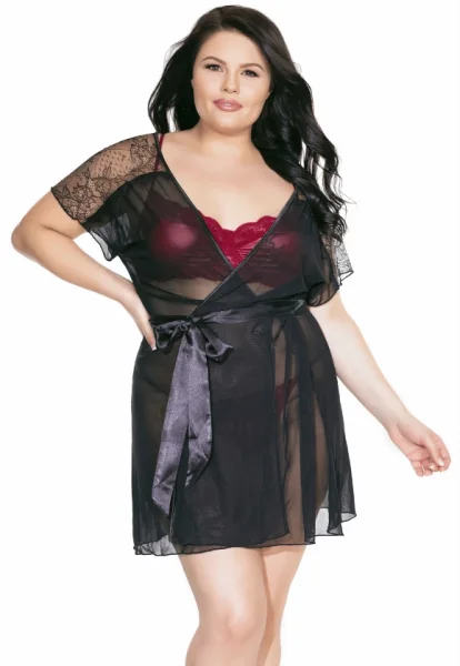 Plus Size Sheer Lace & Mesh Robe