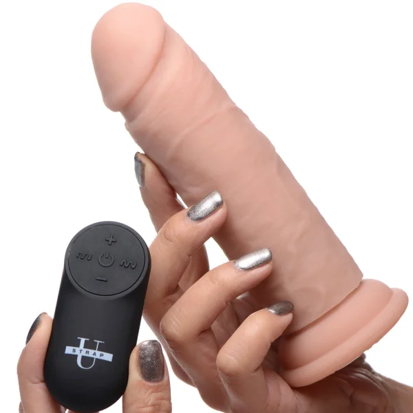 Strap U Power Player 28X Vibrating Rechargeable 6.5" Silicone Dildo With Remote - Vanilla