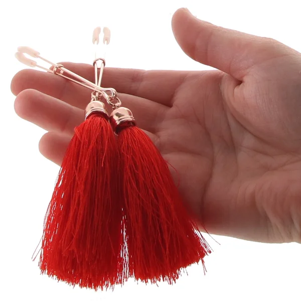 Bound Adjustable T1 Tassel Nipple Clamps by NS Novelties - Rose Gold & Red
