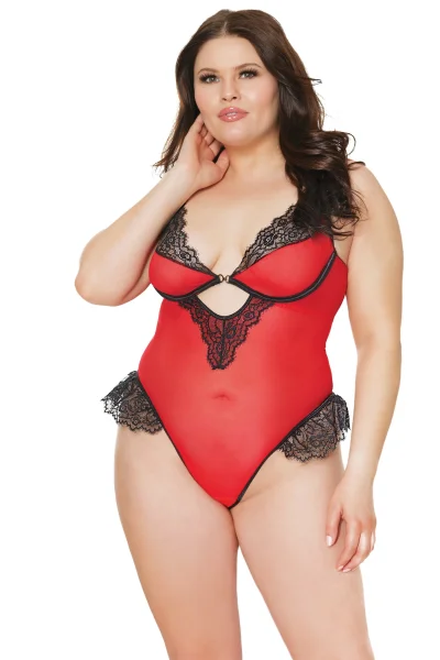 Plus Size Red Mesh & Black Ruffle Lace All-Access Teddy — image 4 of 6