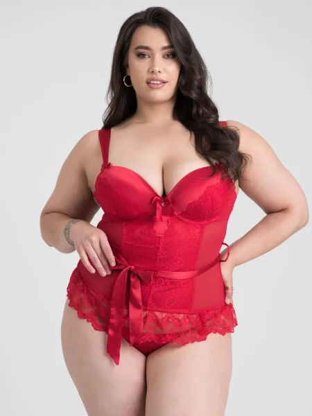 Lovehoney Plus Size Moonlight Desire Red Satin Crotchless Basque Set