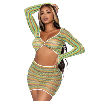 2 Pc Zig Zag Net Crop Top and Mini Dress One Size Green
