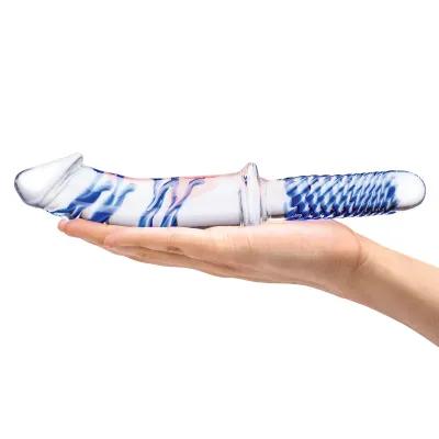 11 Inch Realistic Double Ended Glass Dildo With Handle Blue clear