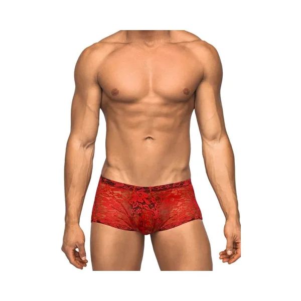 Male Power Stretch Lace Mini Short Red Small — image 5 of 6