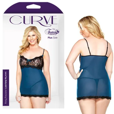 Curve Lace Top Babydoll Thong Teal 1X 2X