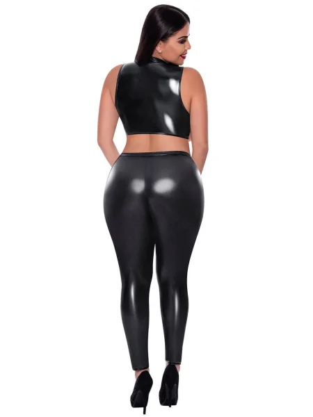 Exposed Liquid Onyx Black Wet Look Open-Cup Top and Leggings Set