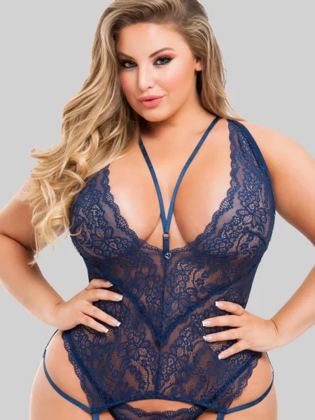 Lovehoney Plus Size Late Night Liaison Blue Lace Plunge Bustier Set