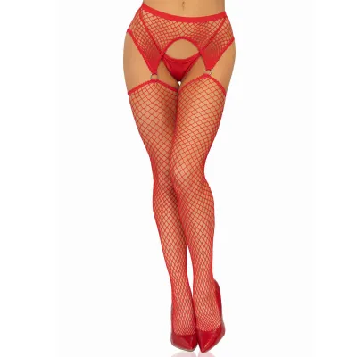 Industrial Net Stocking With O Ring and Attached Garter Belt One Size Red