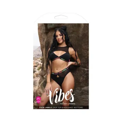 Women s Lingerie Fantasy Lingerie Vibes Fuck Labels Keyhole Top High Waist Bottoms With Uv Reactive Elastic Black L