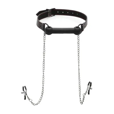 Strict Silicone Bit Gag With Nipple Clamps Black
