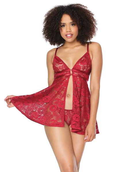 Deep Red Floral Lace Babydoll & Matching Thong
