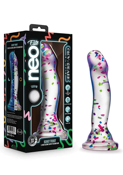 Neo Elite Hanky Panky Glow In The Dark 7.75" Silicone Suction Cup Dildo by Blush - Confetti