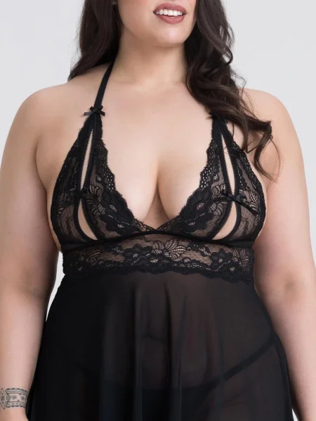 Lovehoney Plus Size Peek-a-Boo Black Lace Babydoll Set