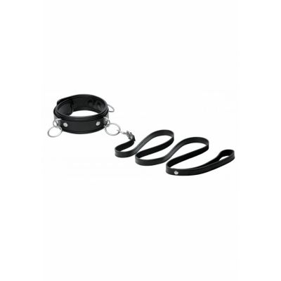 3 Ring Leather Collar with Leash Black Fetish Sex Toys