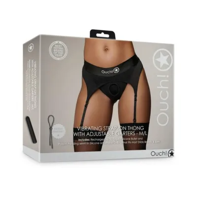 Women s Lingerie Shots Ouch Vibrating Strap on Thong With Adjustable Garters Black M l