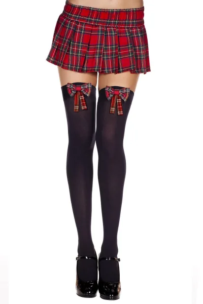 Plaid Bow Thigh Hi - One Size - Black - Plaid