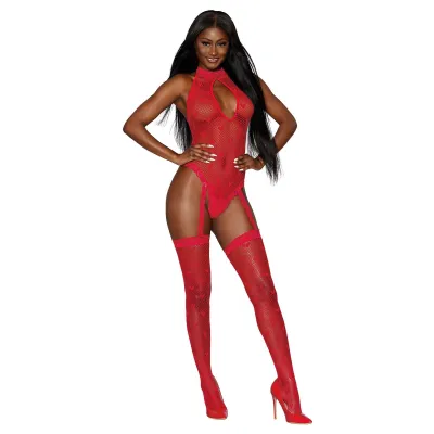 Teddy Bodystocking One Size Lipstick Red