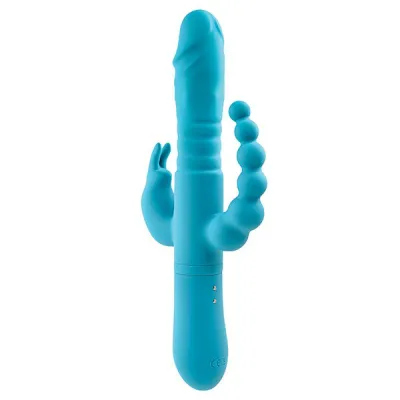 Adam Eve Eve s Thrusting Triple Joy Rabbit Blue USB Rechargeable Thrusting Rabbit Vibe with Anal Tickler