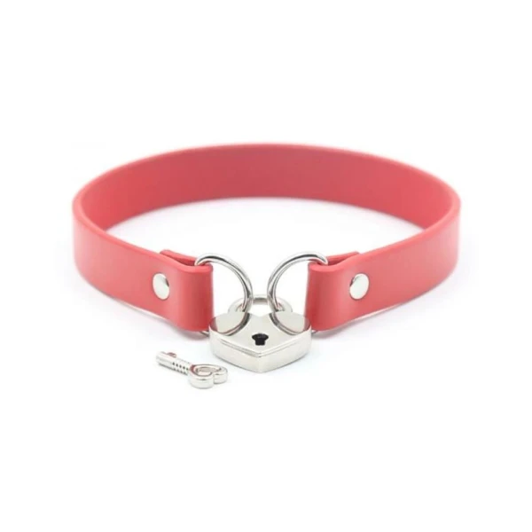 Bondage Kits & Sets: Ple'sur Pvc Collar With Heart Lock & Key Red