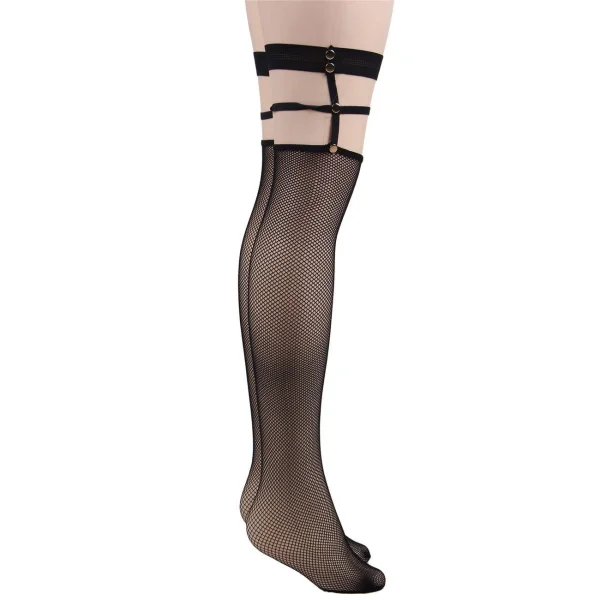 Black Fishnet Harness Thigh Highs - One Size Fits Most