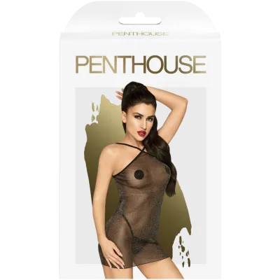 Penthouse Bombshell Black Sheer Shimmer Mini Dress with Thong