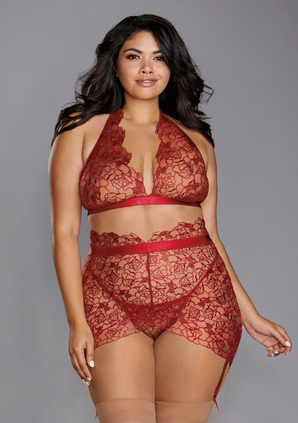 Delicate Floral Embroidery Three-Piece Set - Garnet - Hot Steamy Lingerie