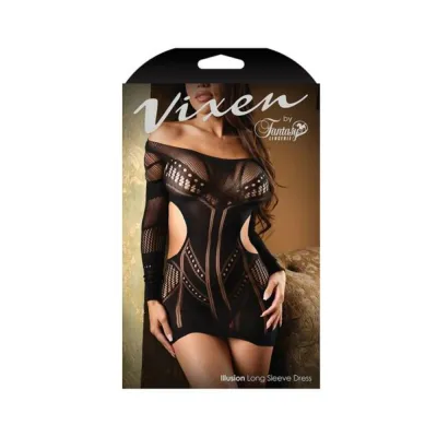 Club Wear Fantasy Lingerie Vixen Illusion Longsleeve Seamless Dress Black O s