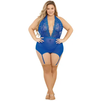 Escante Plus Size Blue Halterneck Lace and Mesh Bustier Set with Stockings