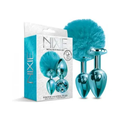 Nixie Metal Butt Plug Set Pom Pom And Jewel inlaid Metallic Blue