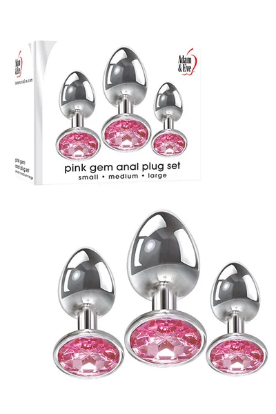 Adam and Eve Metal Butt Plug Set with Pink Gem Base (3 Pce) — image 2 of 2