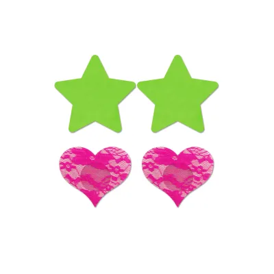 Fashion Pasties Set Neon Green Solid Star and Neon Pink Lace Heart