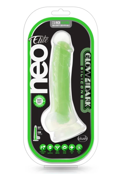 Neo Elite Glow In The Dark 7.5" Dual Density Realistic Silicone Dildo With Balls by Blush - Neon Green