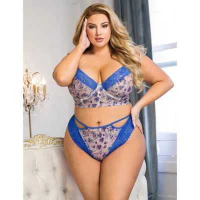 Bondara Belle Blue Rose Plus Size Bra and High Waisted Knicker