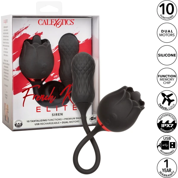 French Kiss Elite Siren Bullet Vibrator & Flickering Tongue Clitoral Stimulator By CalExotics - Black