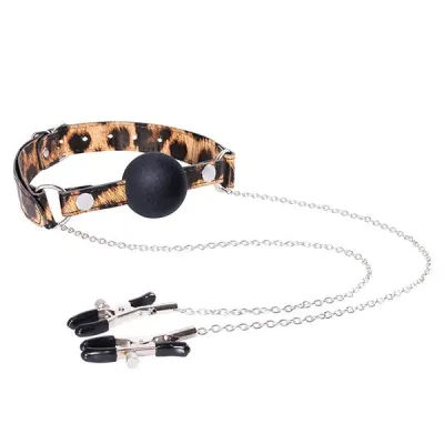 Excellent Power Fetish Leopard Frenzy Leopard Print Gag Ball with Nipple Clamps