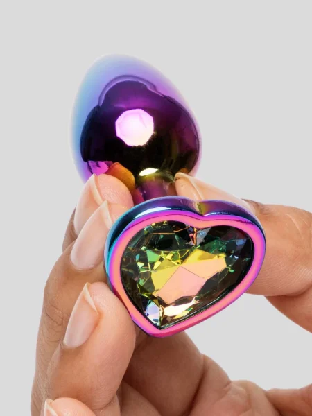 Rear Assets Small Jewelled Rainbow Heart Metal Butt Plug 2 Inch