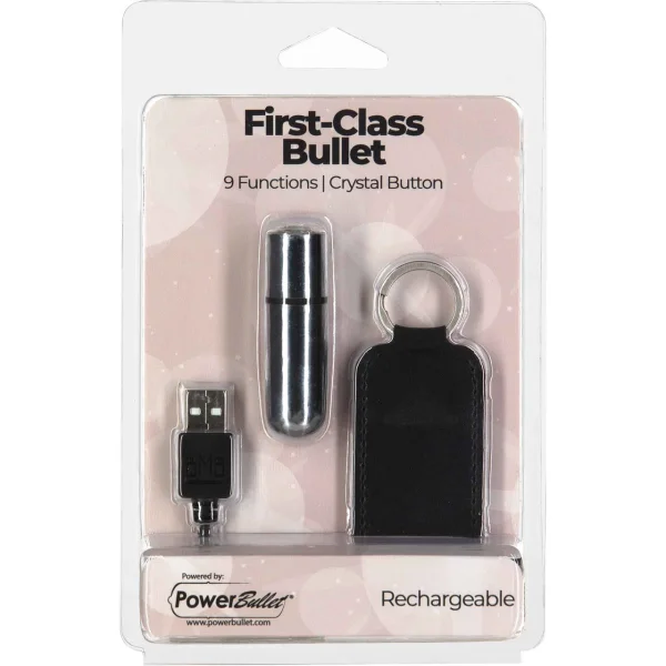 PowerBullet First Class Mini Bullet Vibrator With Crystal Button & Key Chain Pouch - Silver