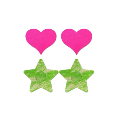 Fashion Pasties Set Neon Pink Satin Heart and Neon Green Lace Star