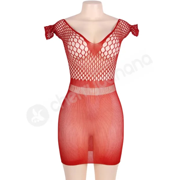 Cherry Banana Plus Size Red Crotchet Mesh Mini Chemise Dress