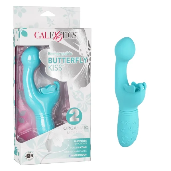 Butterfly Kiss Silicone Rechargeable Waterproof Dual-Stimulation Vibrator By CalExotics - Blue