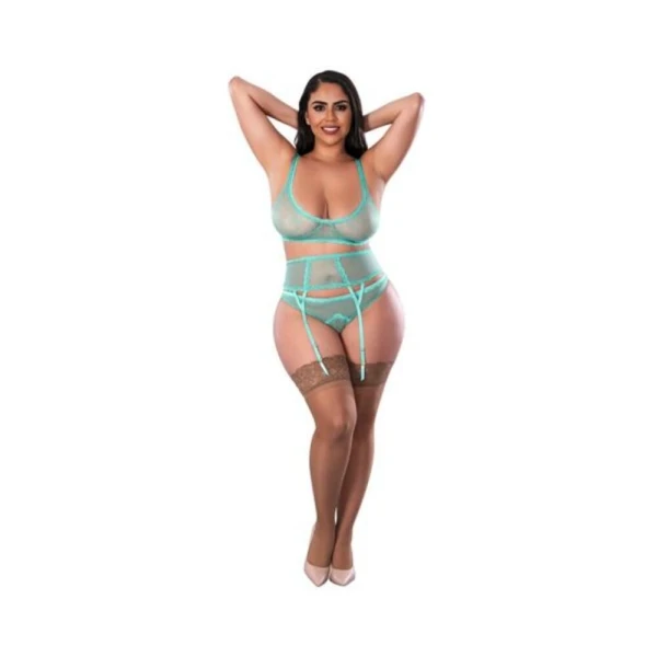 Women's Lingerie: Magic Silk Soft Petals Bralette, Waist Cincher And Panty Set Aqua Queen Size