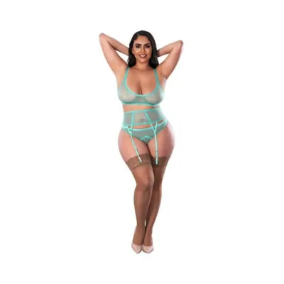 Women s Lingerie Magic Silk Soft Petals Bralette Waist Cincher And Panty Set Aqua Queen Size