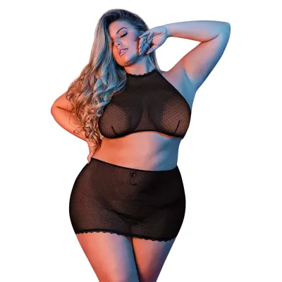 Sexy Time Polka Dot Mesh Halter and Skirt Set Queen Size