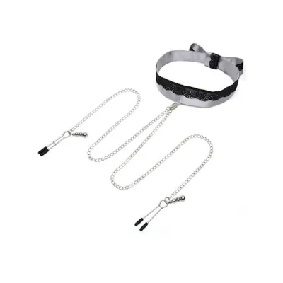 Fifty Shades Of Grey Play Nice Satin And Lace Collar And Nipple Clamps Silver black