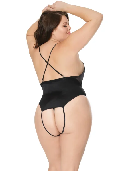Plus Size Deep V Black Mesh Crotchless Teddy — image 6 of 12