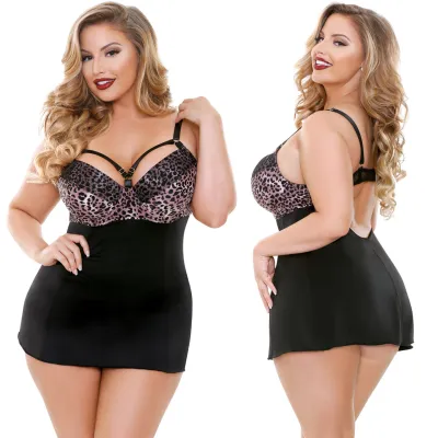 Curve Josephine Leopard Print Chemise With G string by Fantasy Lingerie 1X 2X