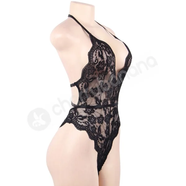 Cherry Banana Black Floral Lace Bodysuit With Adjustable Neck & Back Straps